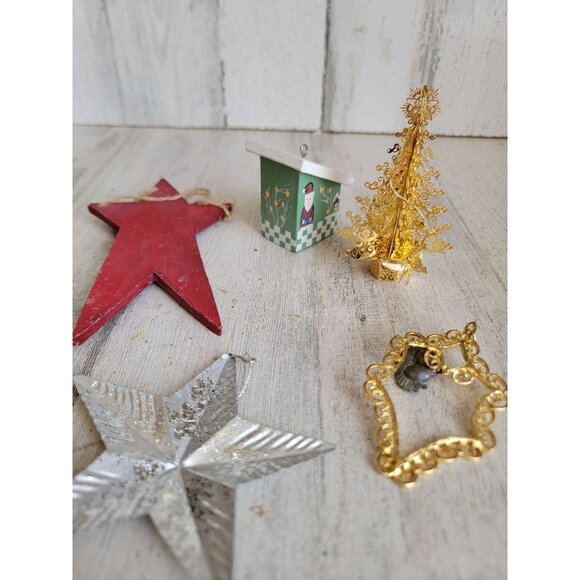 Vintage star tree golden trim variety ornament Xmas set birdhouse - Picture 8 of 9